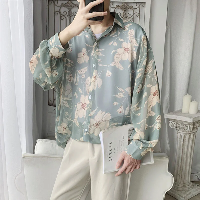 awakecrm Awakecrm Men's Hawaiian Shirt Long Sleeve Sunscreen Clothes Floral Printing Shirt Loose Camisa Masculina Fashion Shirts M-XL
