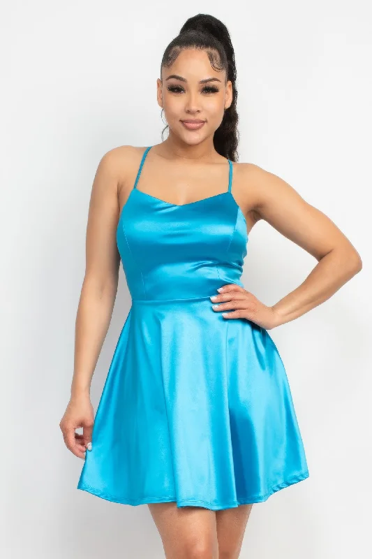 Crisscross A-line Cinched Skater Dress Chiffon mini dresses