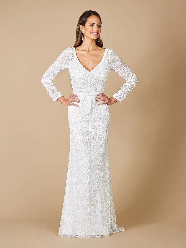51069 - V-neckline Long Sleeve Lace Evening Gown Romantic Satin Dress