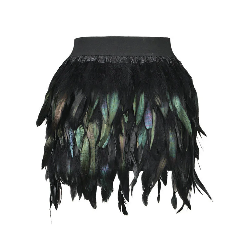 Women Feather Mini Skirt Elastic Waist High Street Above Knee Stylish Pleated Skirt
