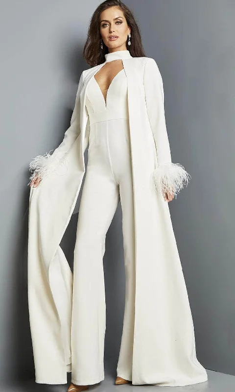 Jovani 09479 - V-Neck Cape Jumpsuit Striped unclassified dresses