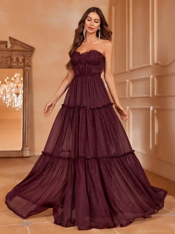 Solid Ruched Front Layered Hem Tube Dresses Elegant unclassified dresses