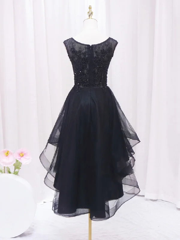 A-Line Lace Tulle Black Short Prom Dress, High Low Black Homecoming Dress Lace Tulle Dress