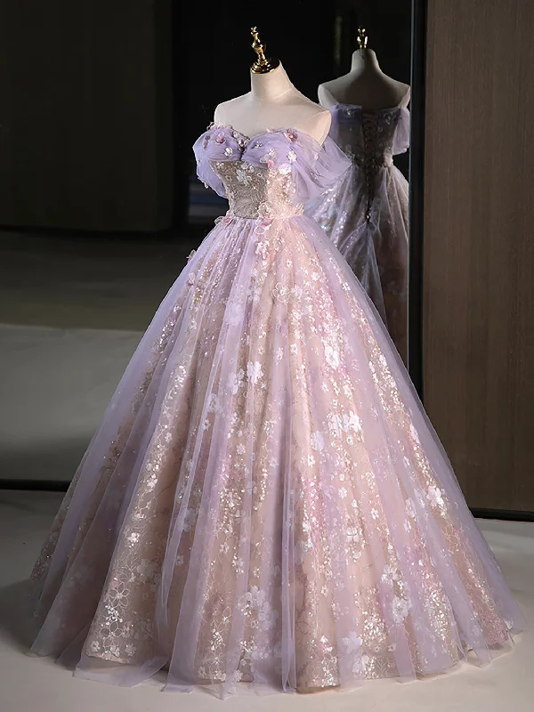 A-Line Off Shoulder Tulle Lace Purple Long Prom Dress, Purple Formal Dress Black Tulle Dress