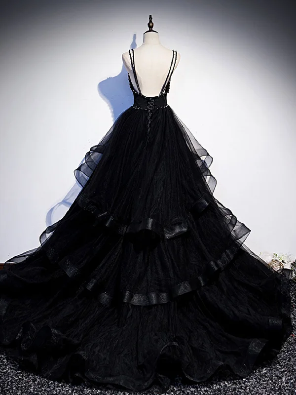 Black V Neck Tulle Long Prom Dress, Black Formal Graduation Dress with Beading Tulle Dress Dazzle