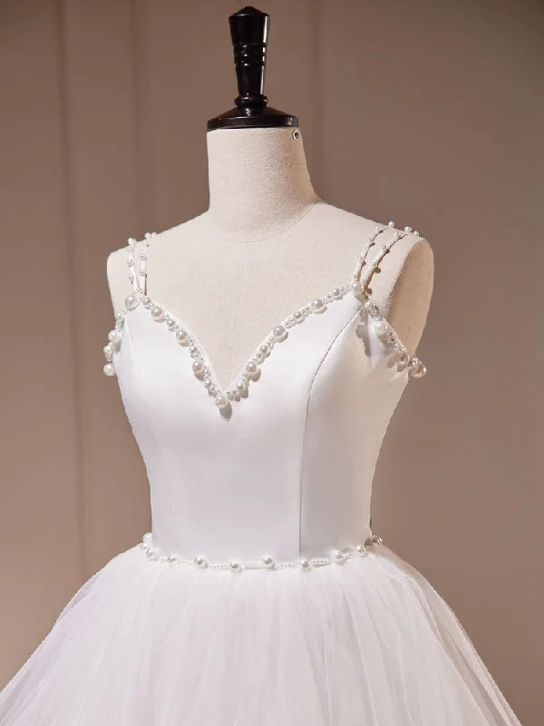 White A-Line Tulle Long Prom Dress, White Tulle Sweet 16 Dresses Tulle Dress Glamour