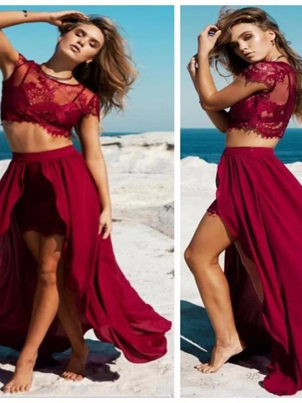 Long Burgundy Two Pieces Prom Dress,Sexy Slit Unique Lace Charming Prom Gowns JW115 Tiered Lace Gown