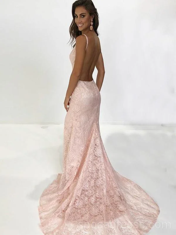 Sexy Backless Pink Lace Mermaid Long Evening Prom Dresses, Cheap Custom Sweet 16 Dresses, 18545 Satin Lace Dress