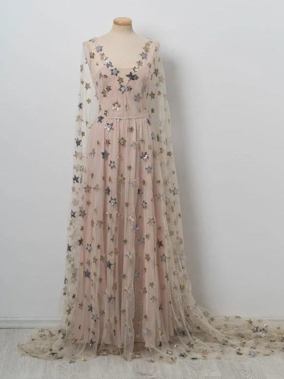 Sparkly Prom Dresses V-neck A-line Sweep Train Lace Prom Dress Long Evening Dress JKL1226 Lace Dress Modern