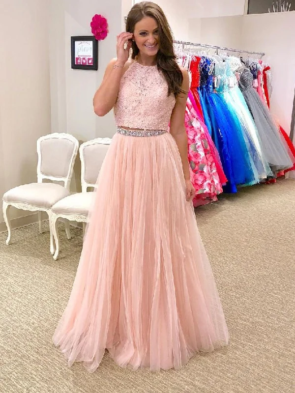Two Piece Prom Dresses,Halter Lace Appliqued,2 Piece Formal Dresses JW111 Lace Overlay Dress