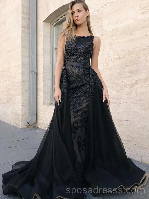 Unique Black Lace A-line Long Evening Prom Dresses, Cheap Custom Sweet 16 Dresses, 18551 Flowy Lace Dress