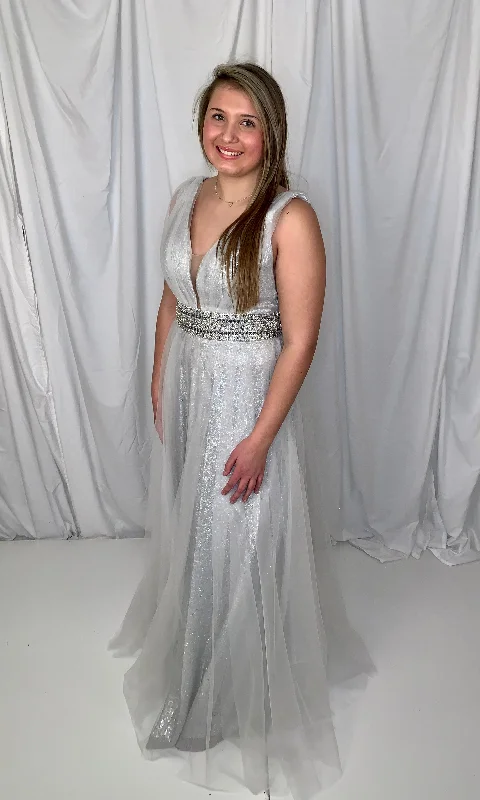 Lucci Lu 28018 Silver Sequin Tulle A-Line Dress - Size 10 Formal Sequin Dress