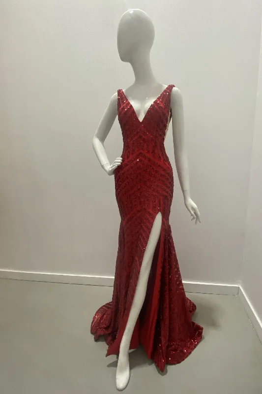 Sequin Pattern V Neck Sequin Gown Chic