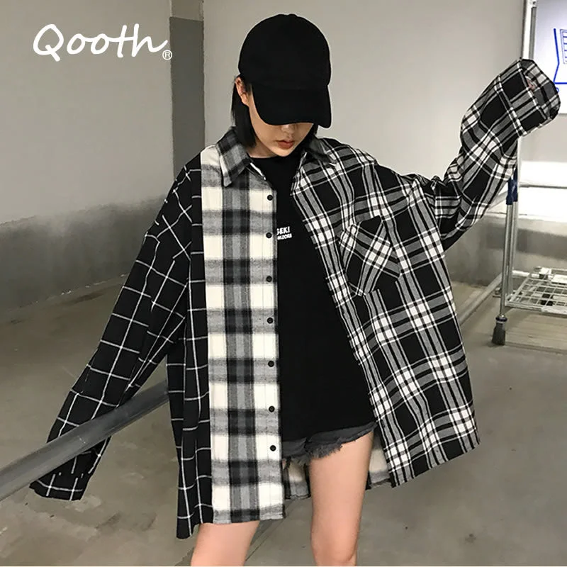 Qooth Women's Loose Plaid Blouse Spring Long Sleeve Student Check Blouses Casual Vintage Lady Tops Shirt Black Tops QH2220 Black Shirt Dress